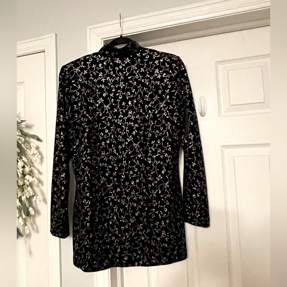 Women’s back velvet type jacket/top with gold design throughout. Lined. - Picture 2 of 5